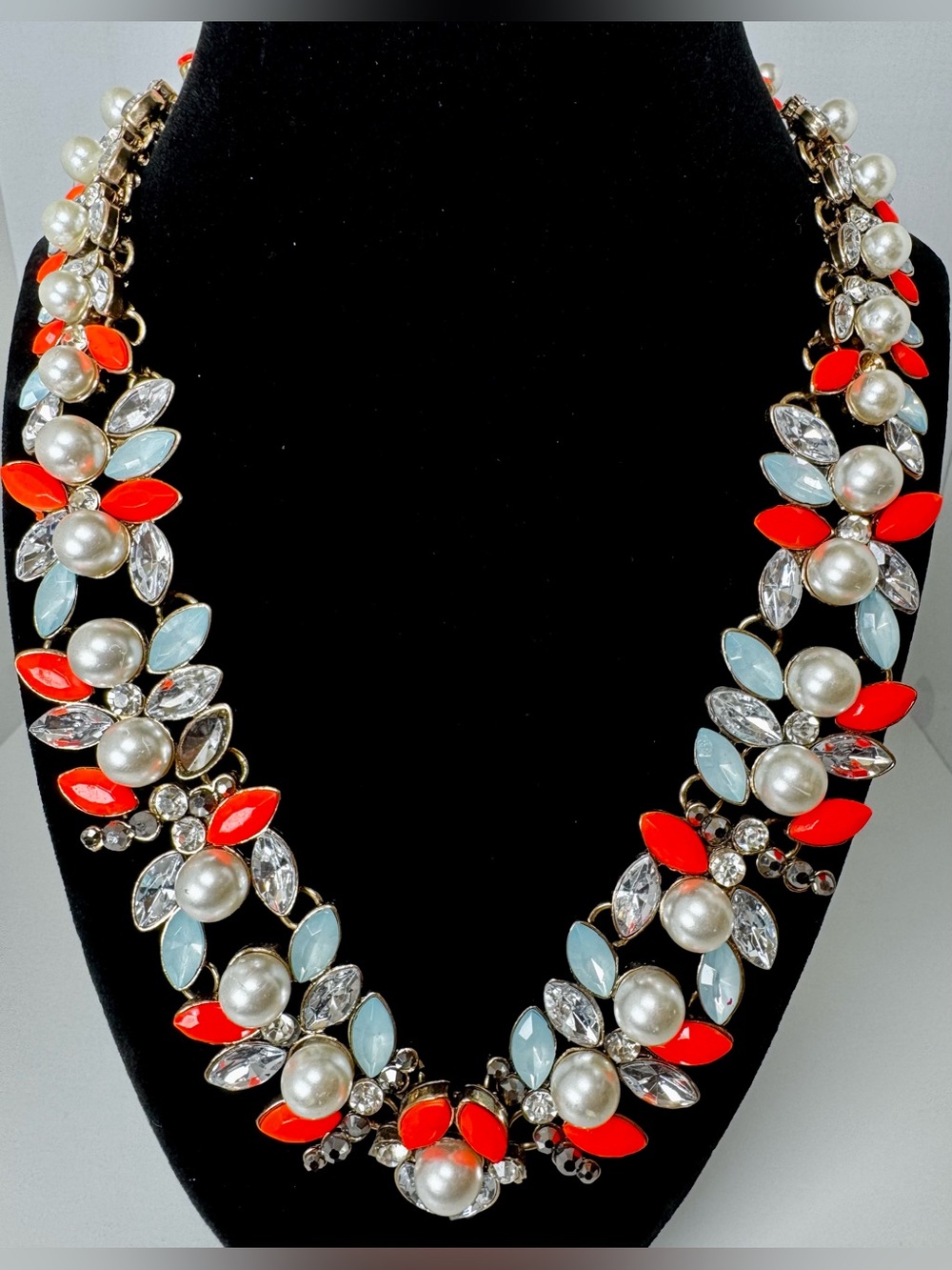 Zara Faux Pearl & Crystal Statement Necklace in Bright Orange & Light Blue #1732